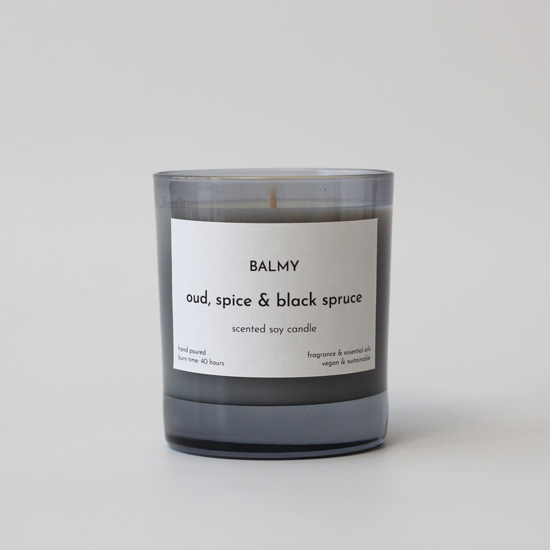 Oud, spice & black spruce scented candle
