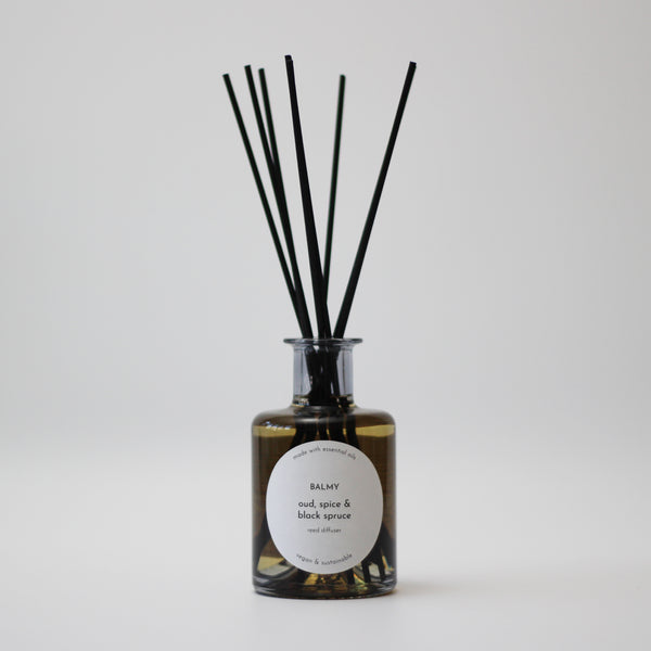 Oud, spice & black spruce reed diffuser