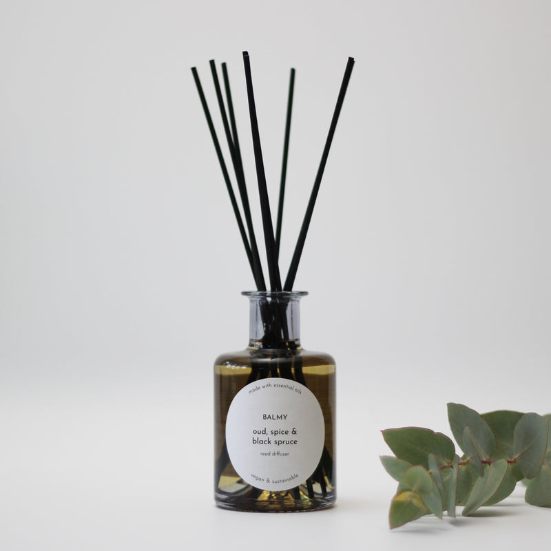 Oud, spice & black spruce reed diffuser